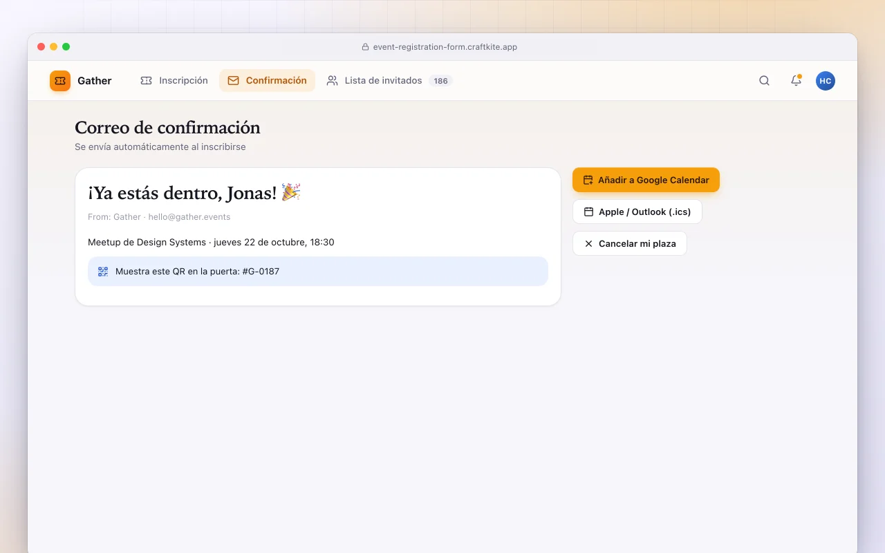 Formulario de inscripción a eventos: la pantalla Correo de confirmación