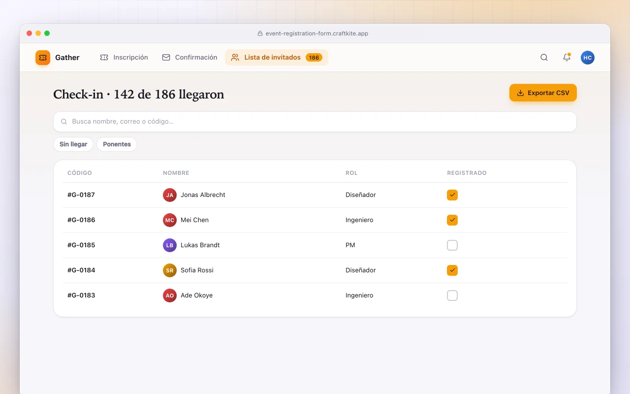 Formulario de inscripción a eventos: la pantalla Check-in · 142 de 186 llegaron