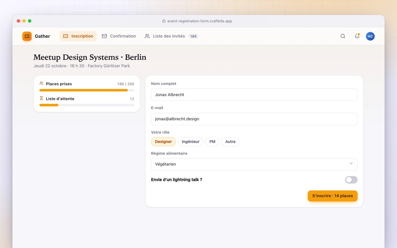 Formulaire d’inscription à un événement : l’écran Meetup Design Systems · Berlin