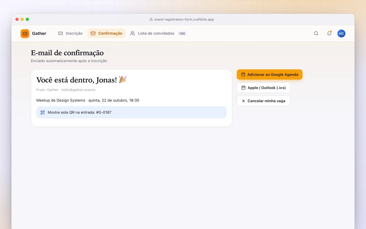 Formulário de inscrição em eventos: a tela E-mail de confirmação