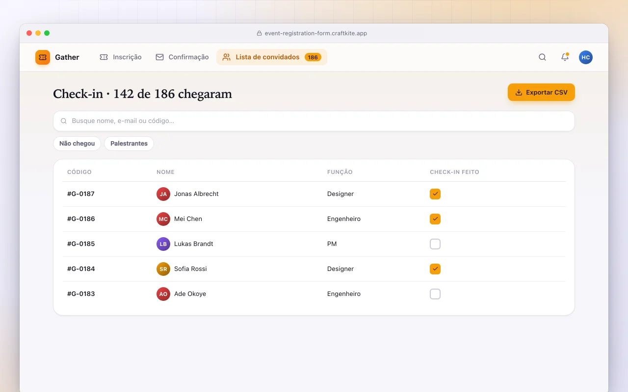 Formulário de inscrição em eventos: a tela Check-in · 142 de 186 chegaram