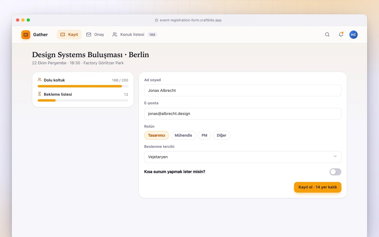 Etkinlik kayıt formu: Design Systems Buluşması · Berlin ekranı