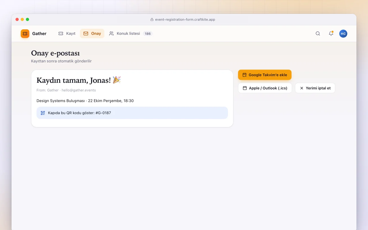 Etkinlik kayıt formu: Onay e-postası ekranı