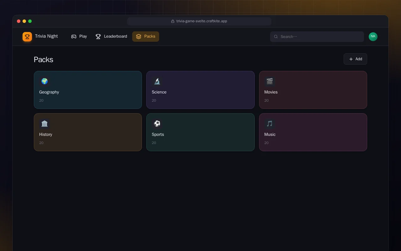 Trivia Night (SvelteKit): the Packs screen
