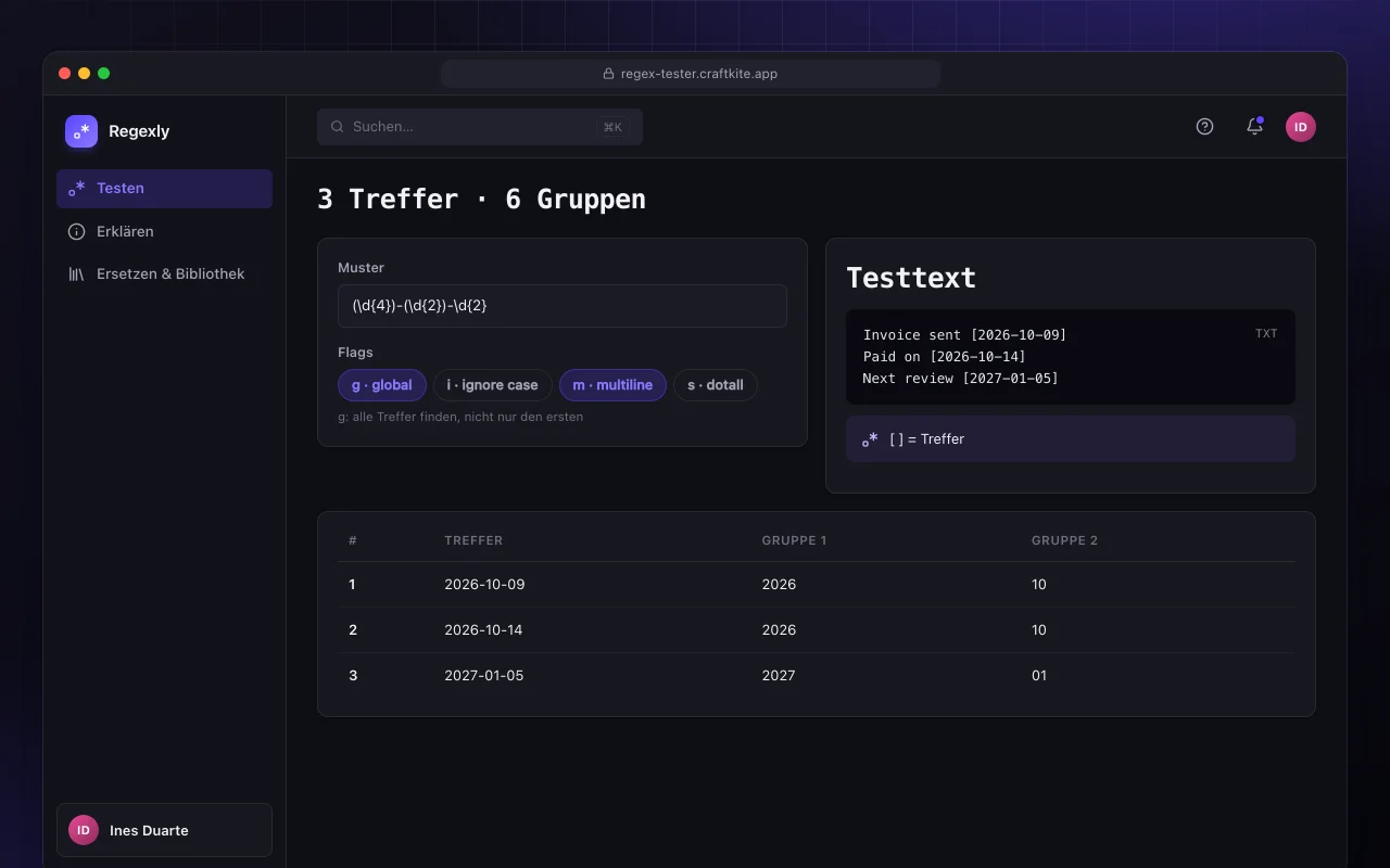 Regex-Tester: der Bildschirm „3 Treffer · 6 Gruppen“