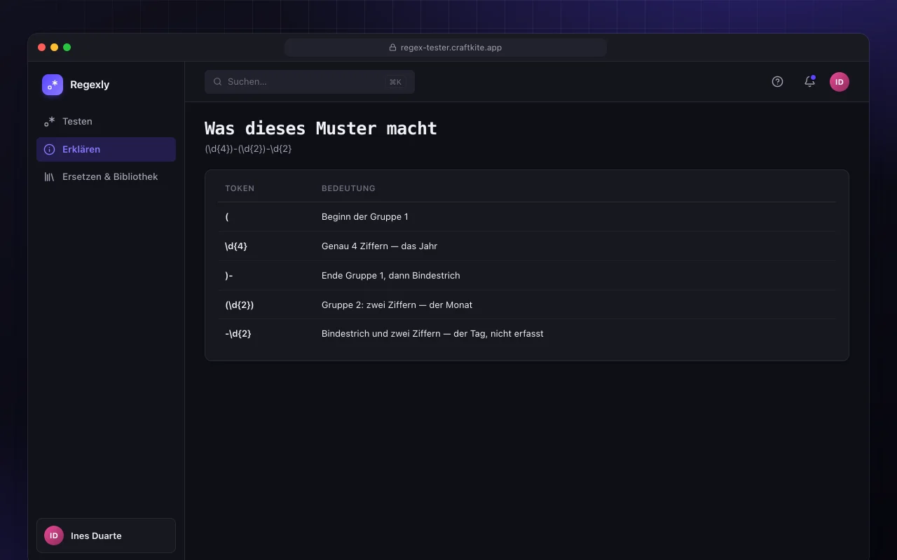 Regex-Tester: der Bildschirm „Was dieses Muster macht“