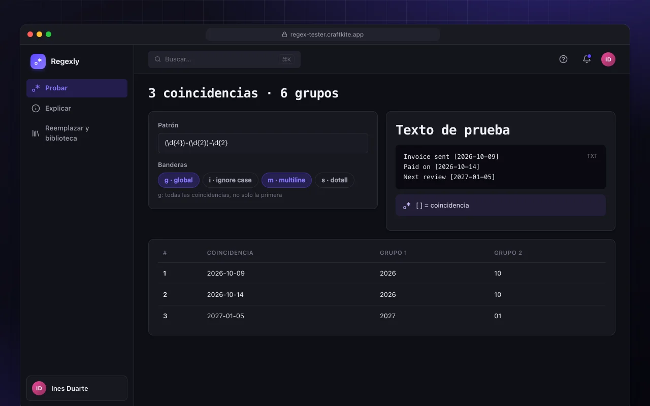 Probador de regex: la pantalla 3 coincidencias · 6 grupos