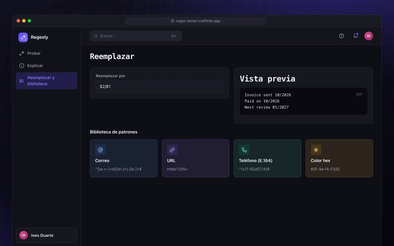 Probador de regex: la pantalla Reemplazar