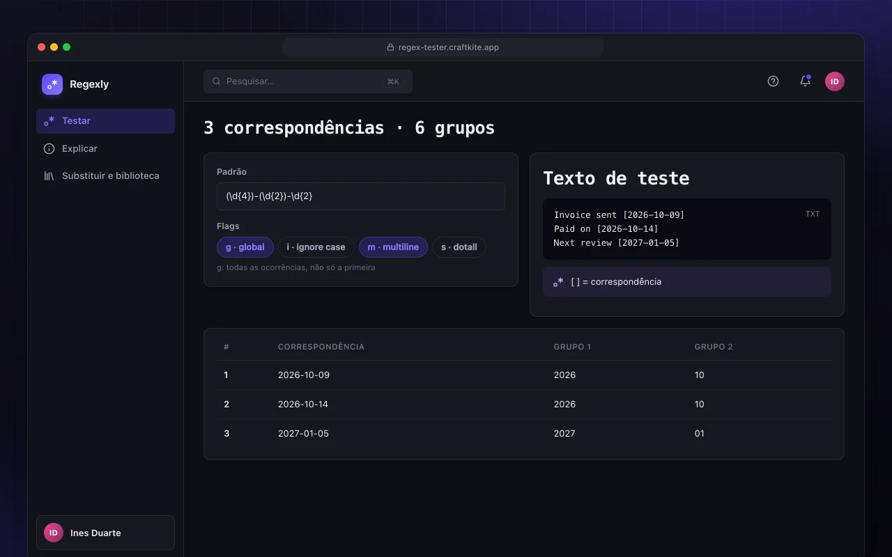 Testador de regex: a tela 3 correspondências · 6 grupos