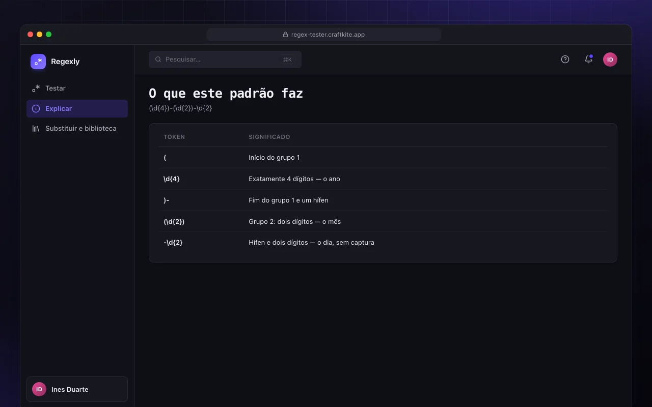 Testador de regex: a tela O que este padrão faz