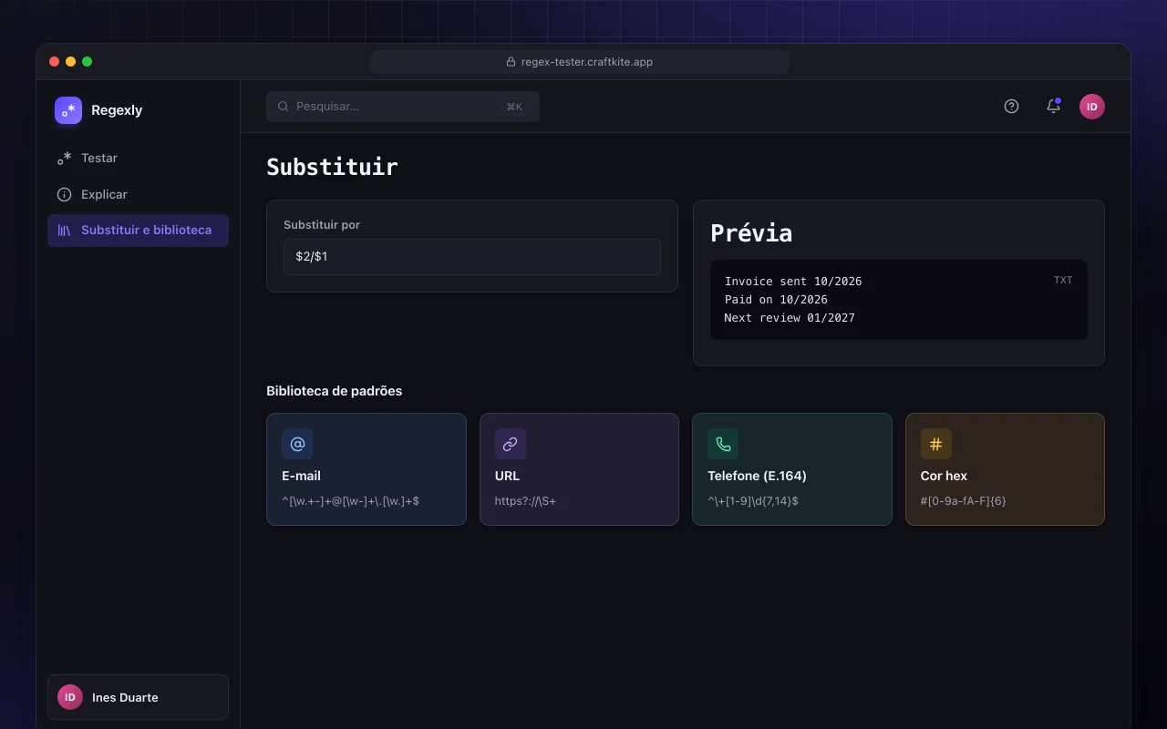 Testador de regex: a tela Substituir