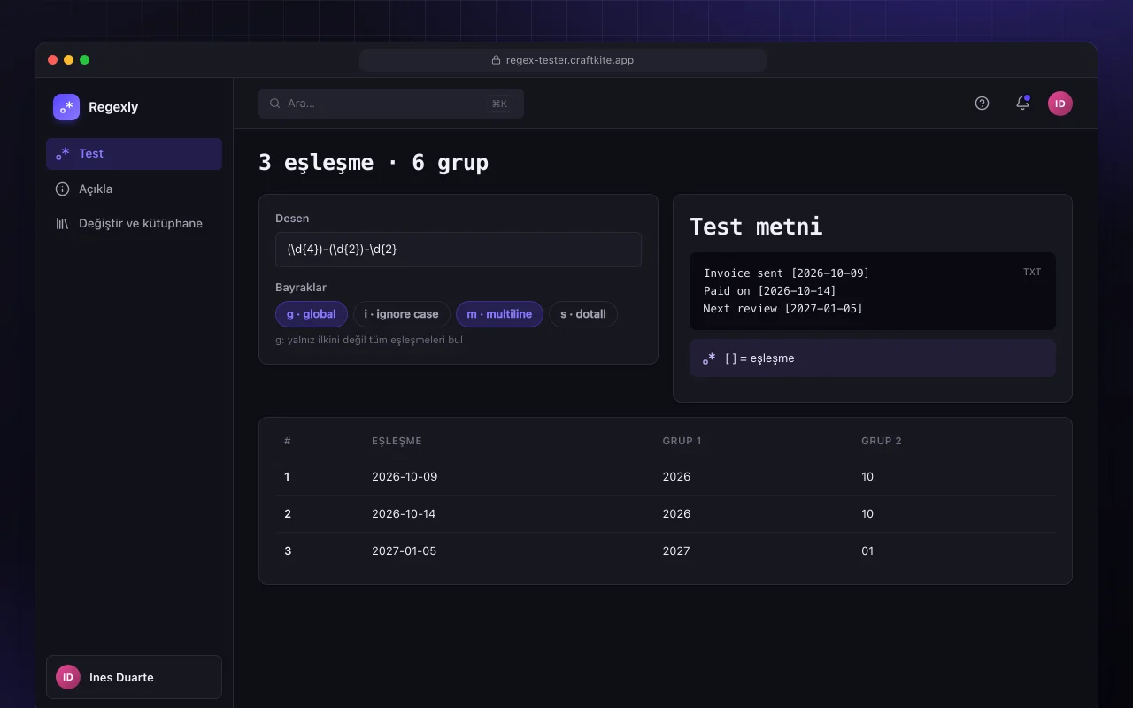 Regex test aracı: 3 eşleşme · 6 grup ekranı