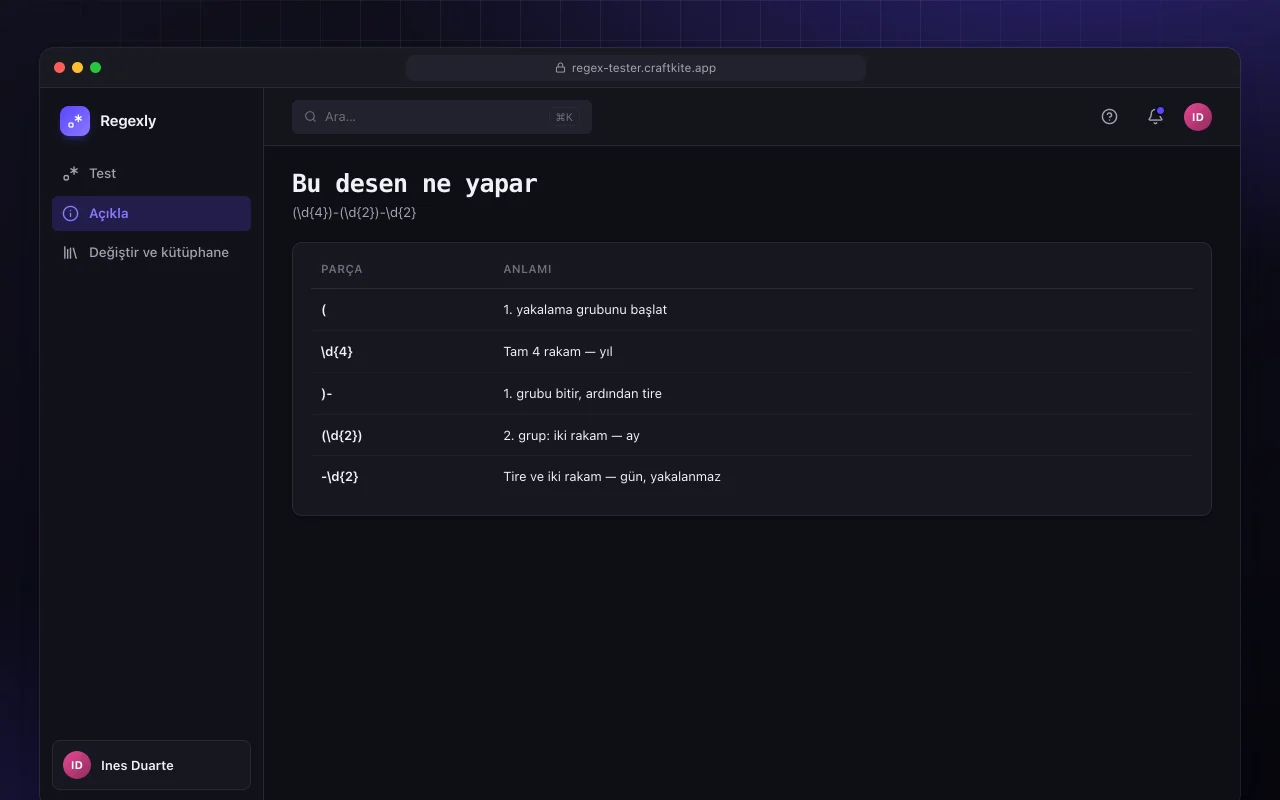 Regex test aracı: Bu desen ne yapar ekranı