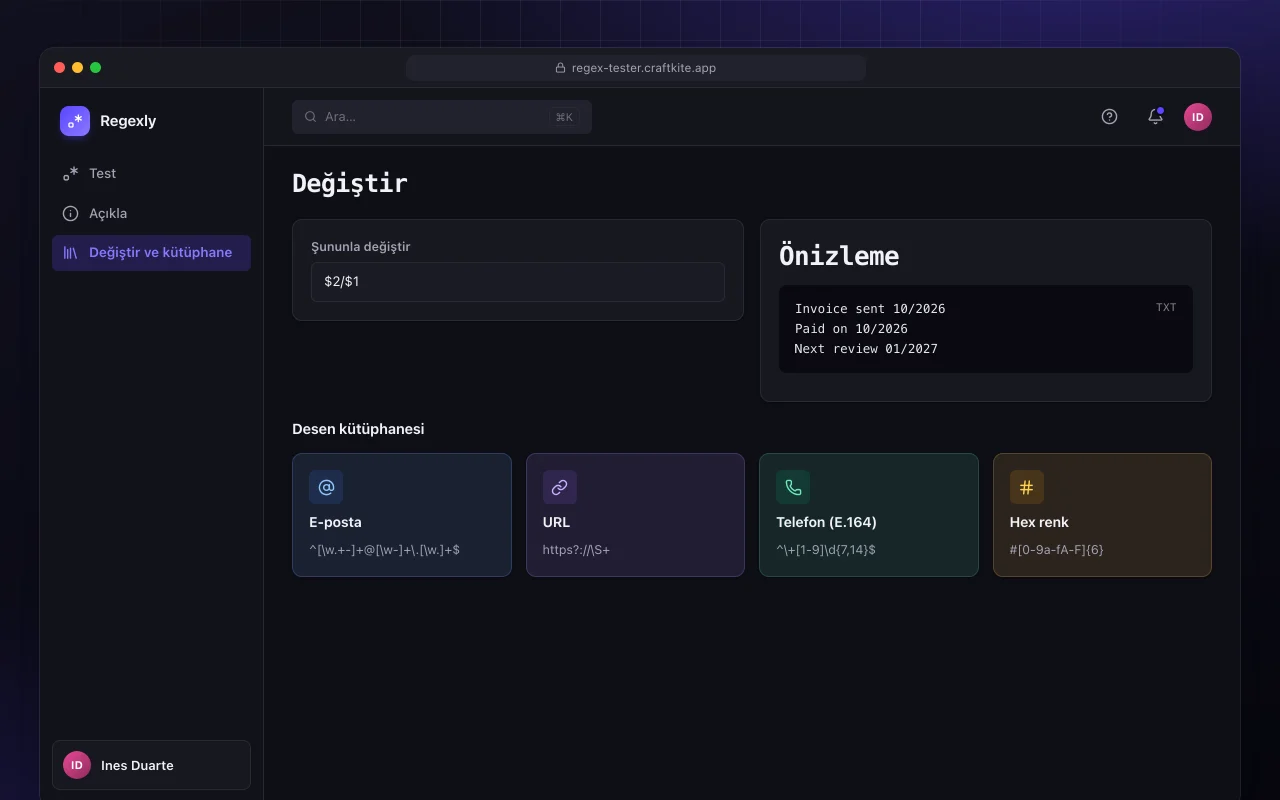 Regex test aracı: Değiştir ekranı