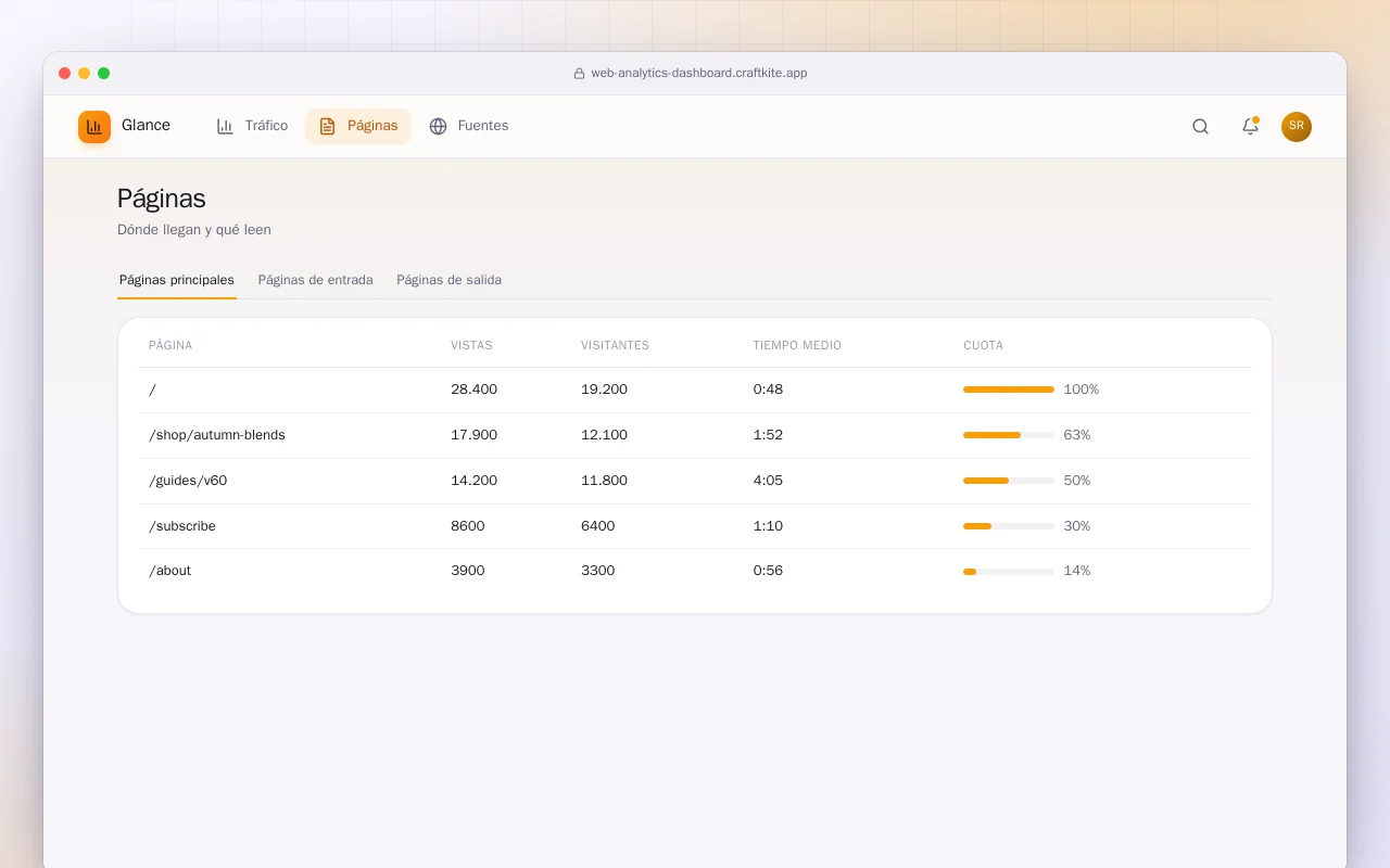 Panel de analítica web: la pantalla Páginas