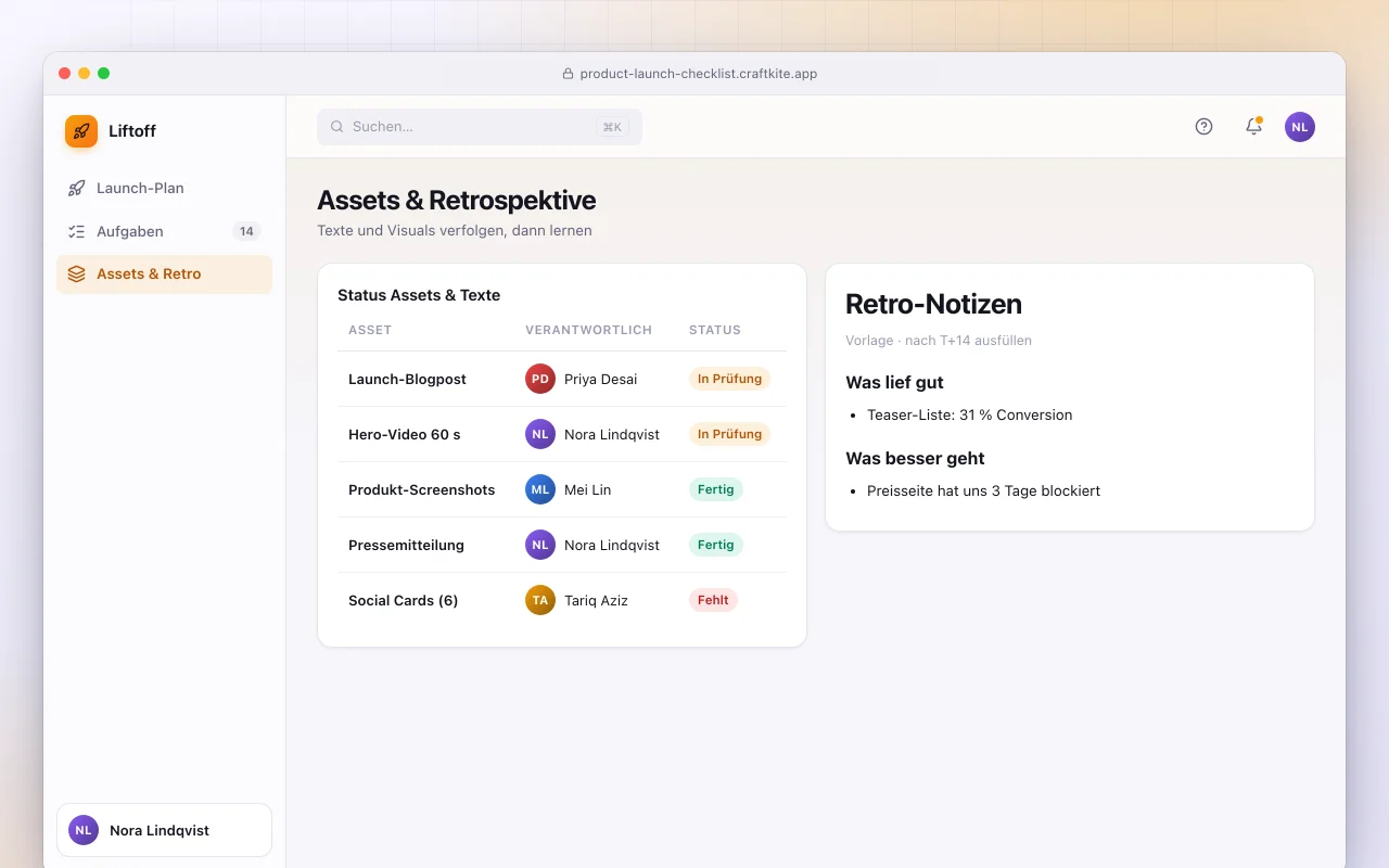 Produktlaunch-Checkliste: der Bildschirm „Assets & Retrospektive“
