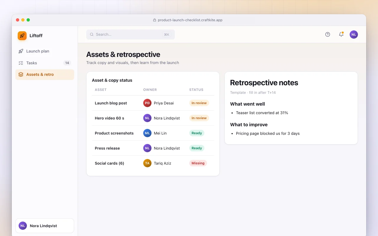 Product launch checklist: the Assets & retrospective screen
