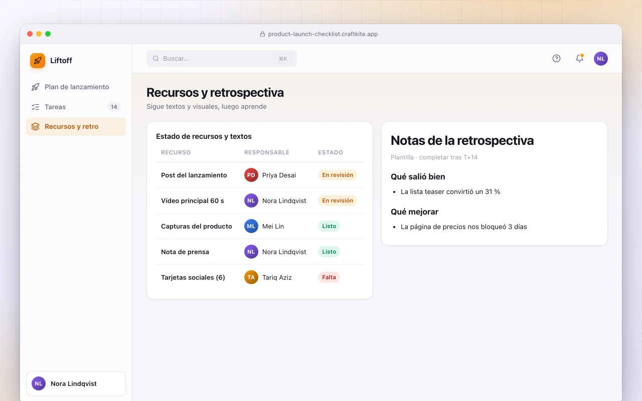 Checklist de lanzamiento de producto: la pantalla Recursos y retrospectiva