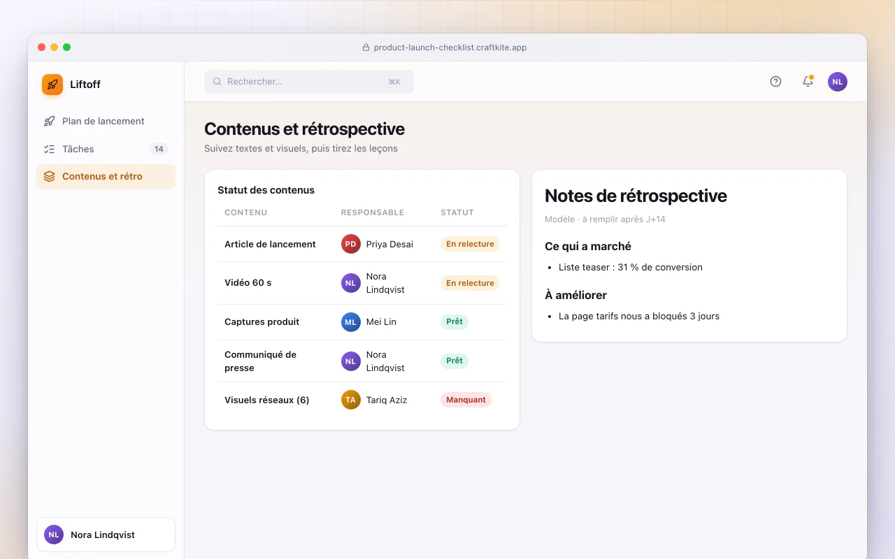 Liste de contrôle de lancement produit : l’écran Contenus et rétrospective