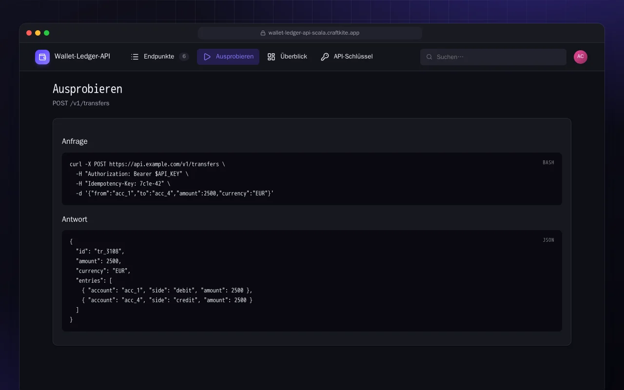 Wallet-Ledger-API (Scala): der Bildschirm „Ausprobieren“