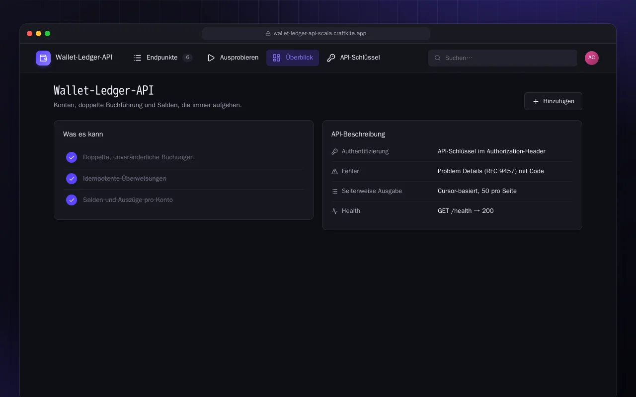 Wallet-Ledger-API (Scala): der Bildschirm „Wallet-Ledger-API“