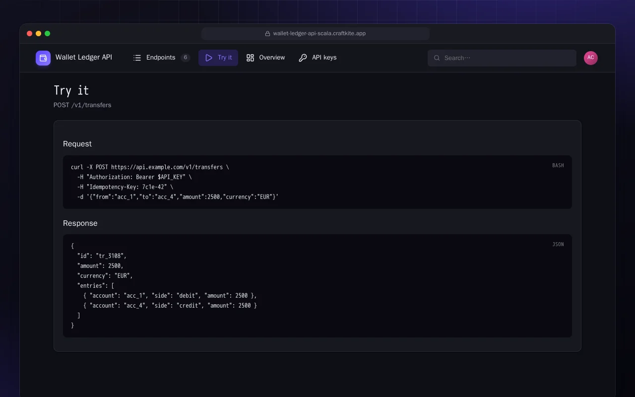 Wallet Ledger API (Scala): the Try it screen