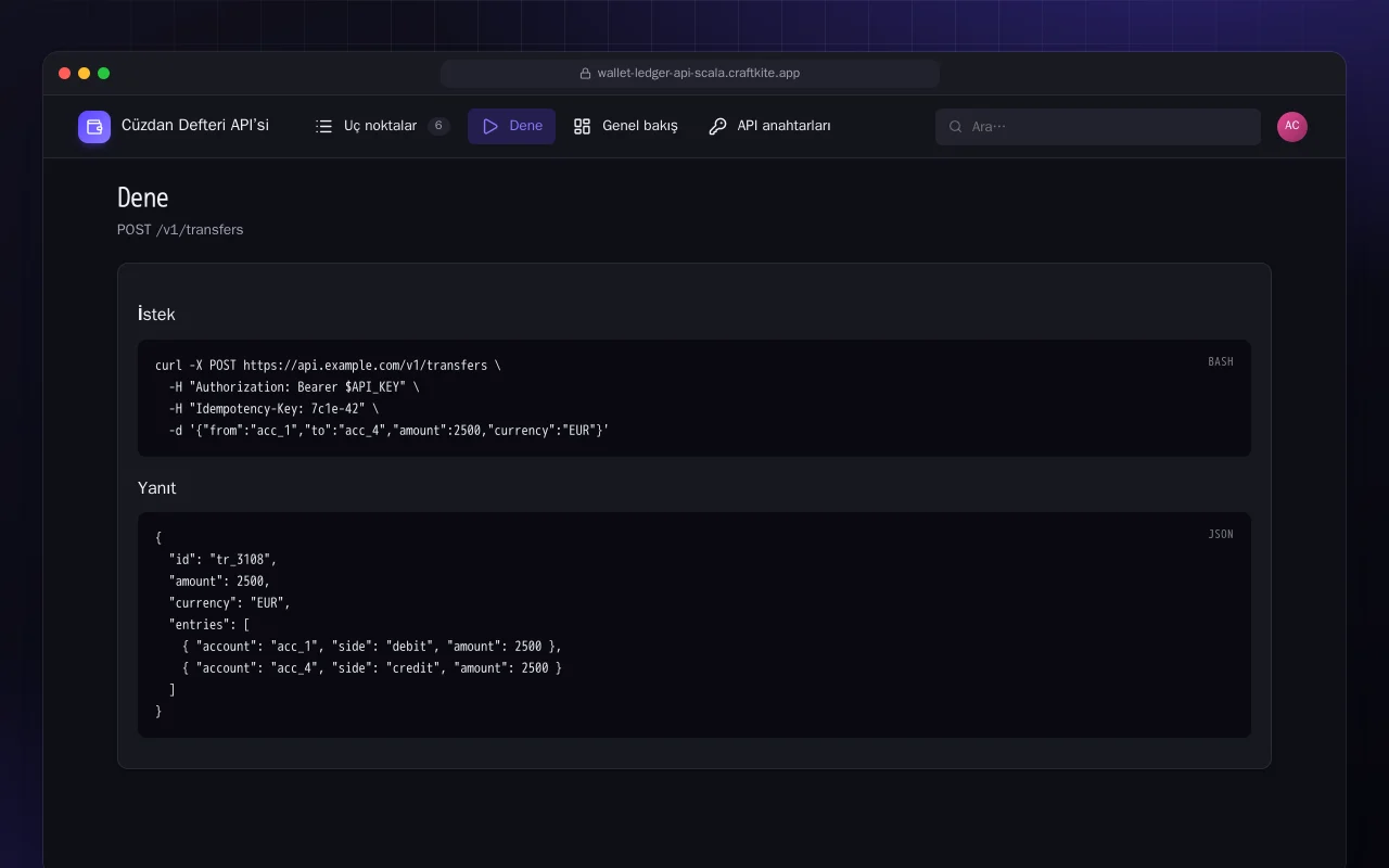 Cüzdan Defteri API’si (Scala): Dene ekranı