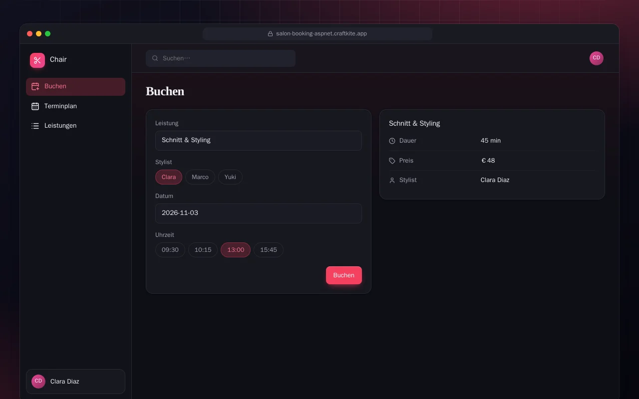 Salon-Buchung (ASP.NET Core): der Bildschirm „Buchen“