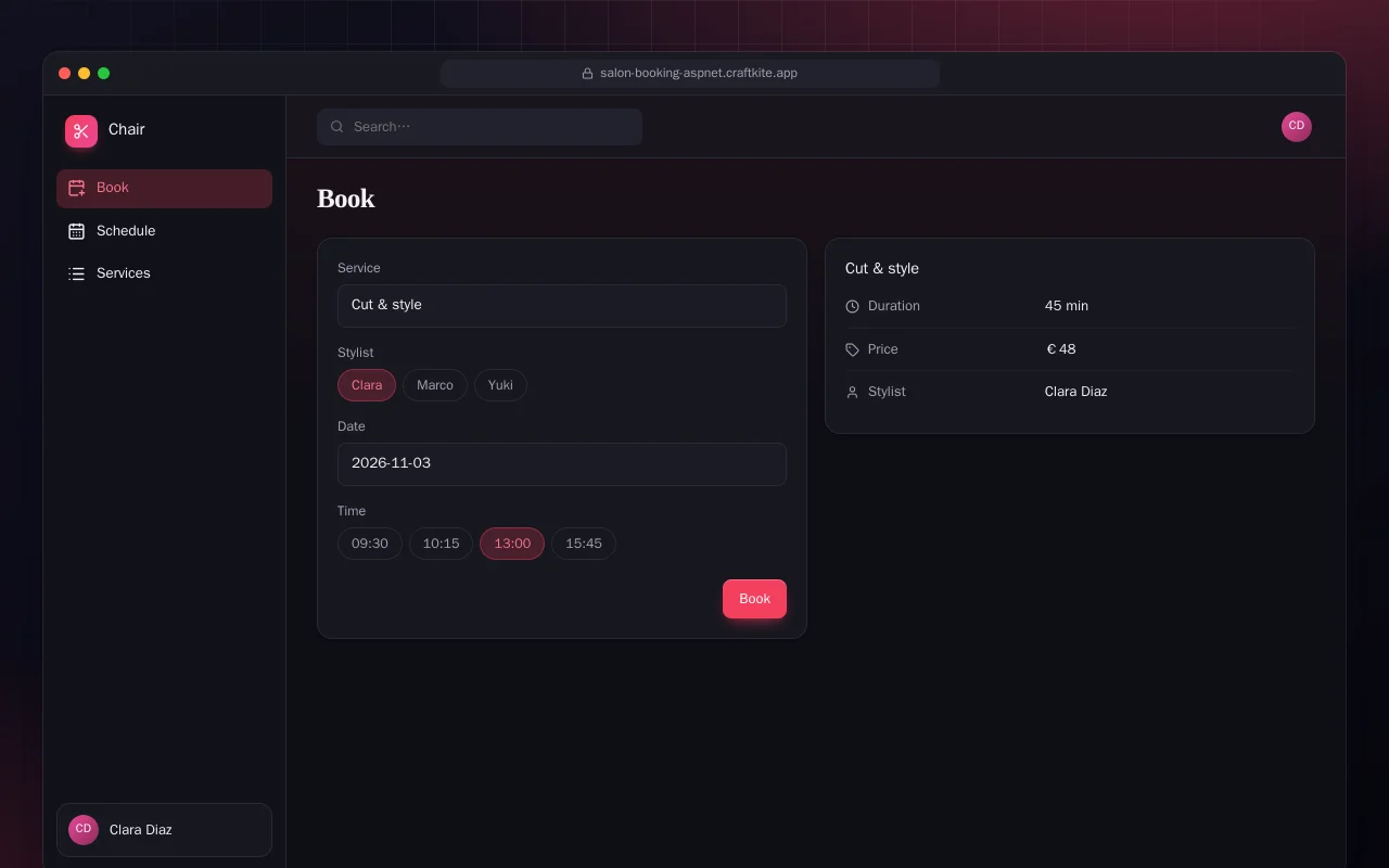 Salon Booking (ASP.NET Core): the Book screen