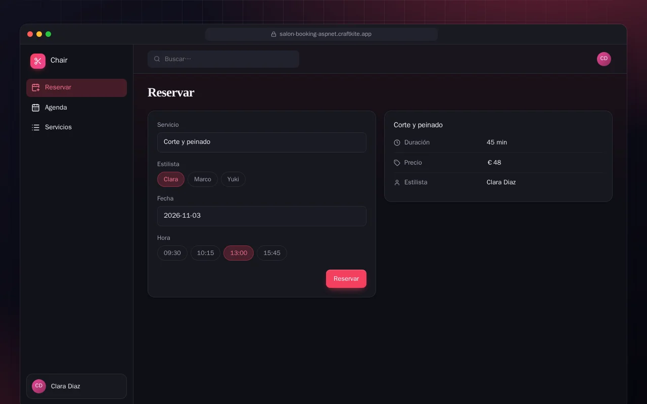 Reservas de peluquería (ASP.NET Core): la pantalla Reservar