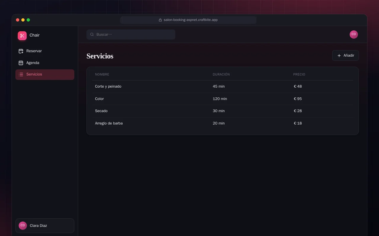 Reservas de peluquería (ASP.NET Core): la pantalla Servicios