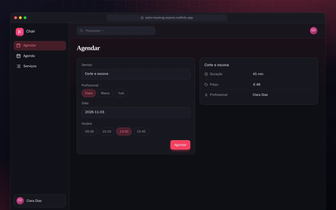 Agenda de salão (ASP.NET Core): a tela Agendar