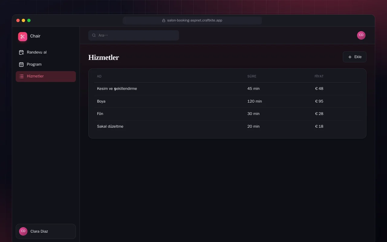 Kuaför Randevusu (ASP.NET Core): Hizmetler ekranı
