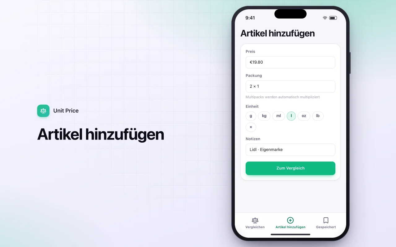 Preis-pro-Einheit-Vergleich: der Bildschirm „Artikel hinzufügen“