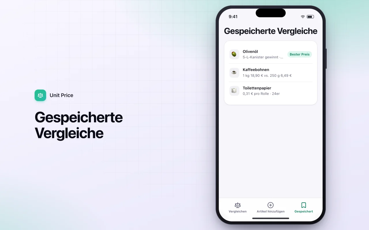 Preis-pro-Einheit-Vergleich: der Bildschirm „Gespeicherte Vergleiche“