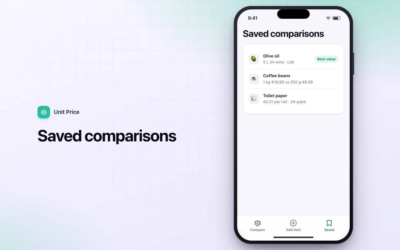 Price per unit comparer: the Saved comparisons screen