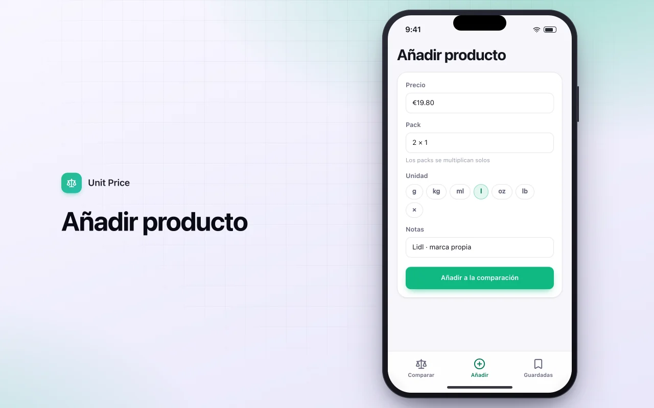 Comparador de precio por unidad: la pantalla Añadir producto