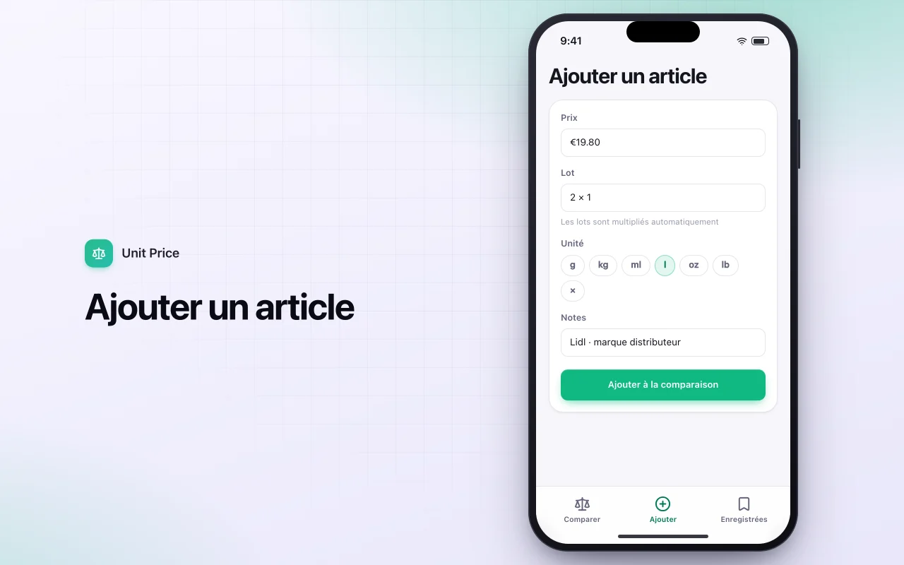 Comparateur de prix à l’unité : l’écran Ajouter un article