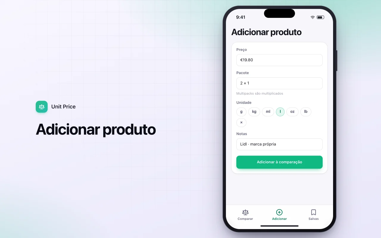 Comparador de preço por unidade: a tela Adicionar produto