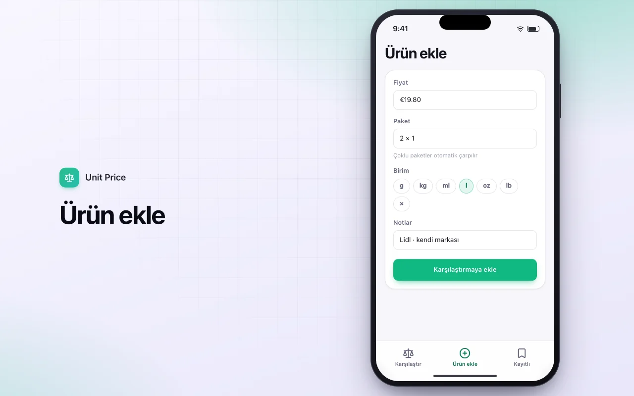 Birim fiyat karşılaştırıcı: Ürün ekle ekranı