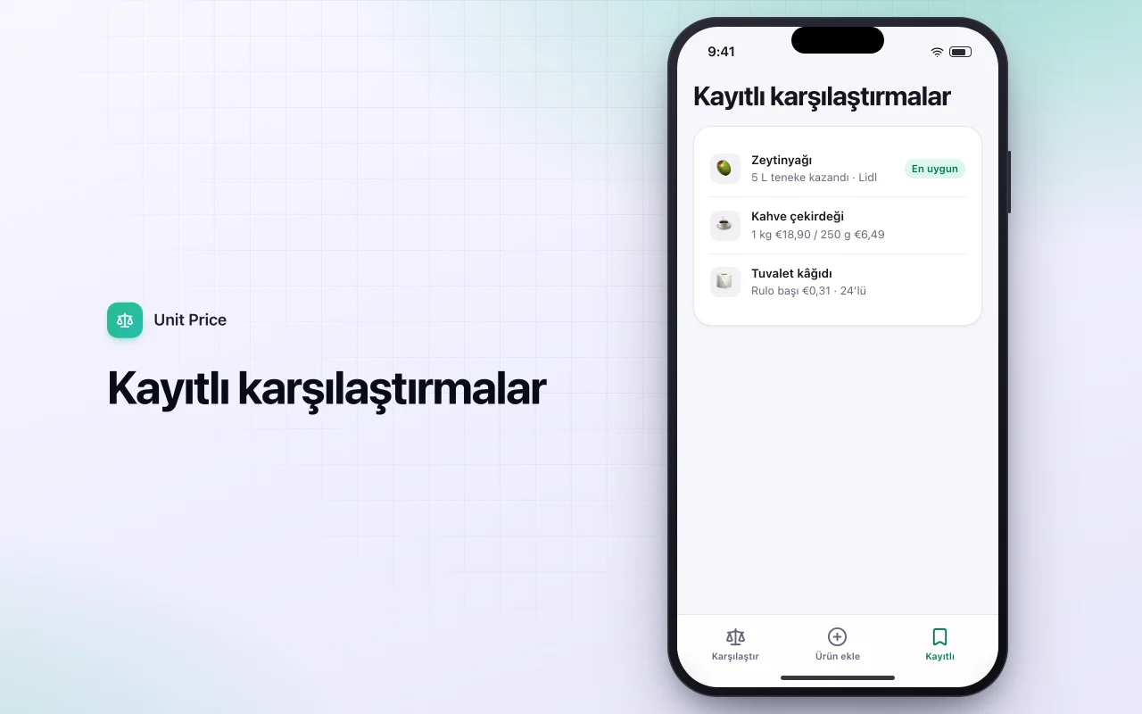 Birim fiyat karşılaştırıcı: Kayıtlı karşılaştırmalar ekranı