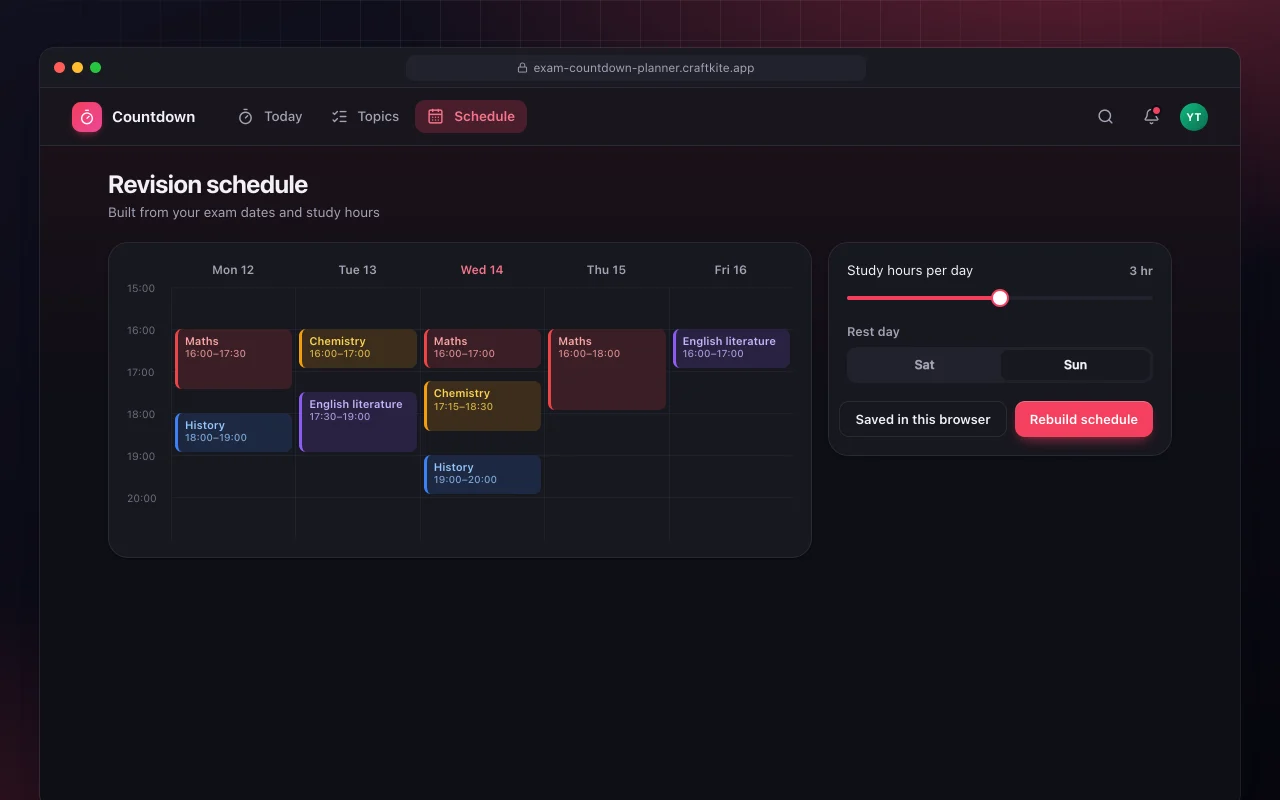 Exam countdown and revision plan: the Revision schedule screen