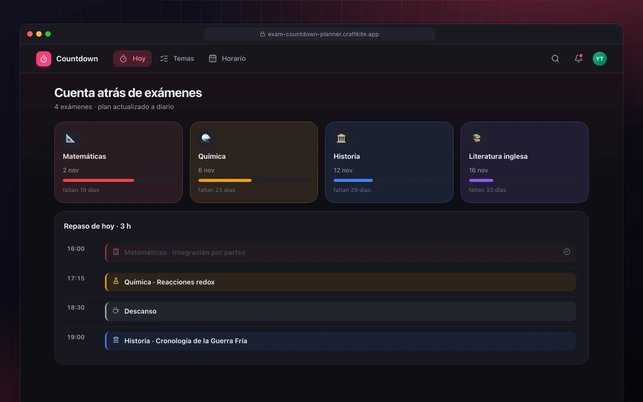 Cuenta atrás de exámenes y plan de repaso: la pantalla Cuenta atrás de exámenes