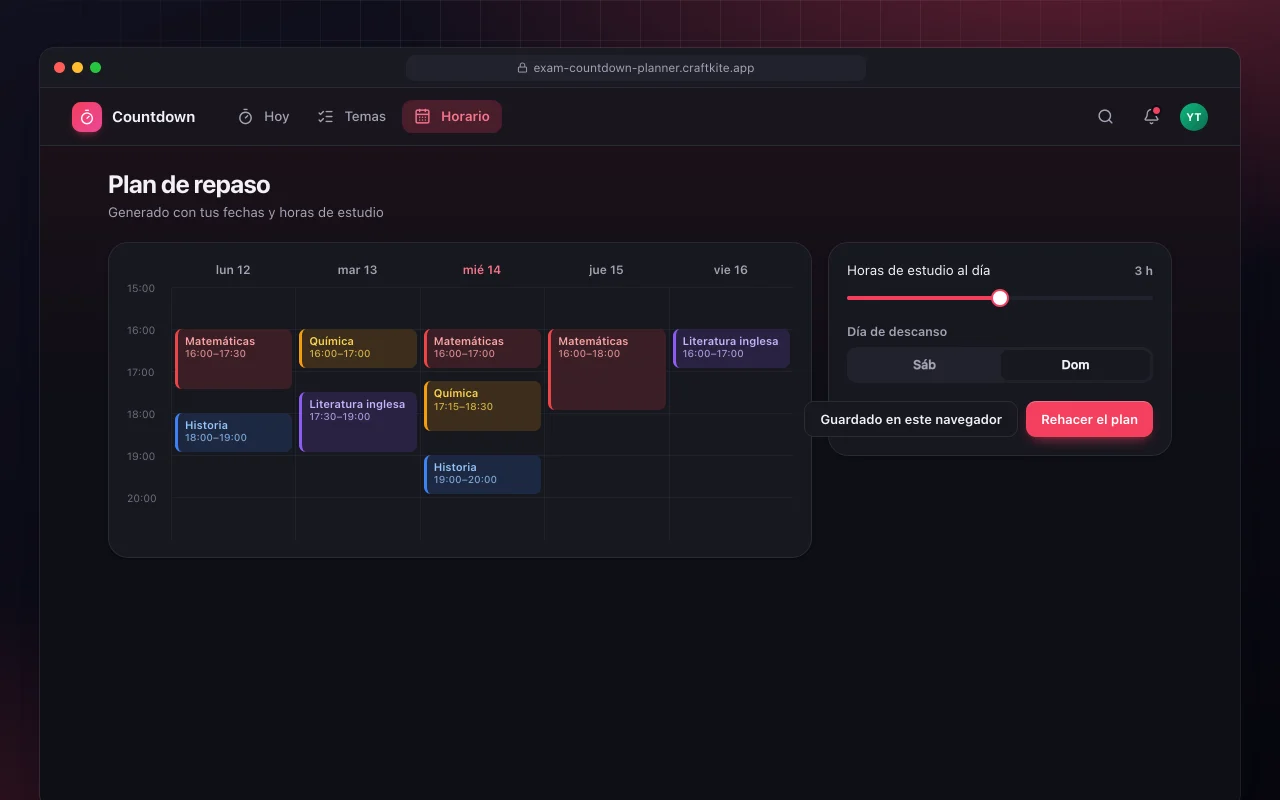 Cuenta atrás de exámenes y plan de repaso: la pantalla Plan de repaso