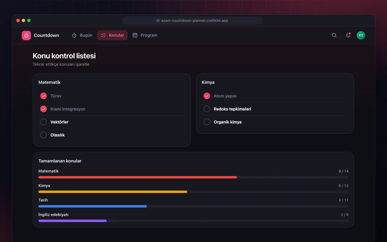 Sınav geri sayımı ve tekrar planı: Konu kontrol listesi ekranı