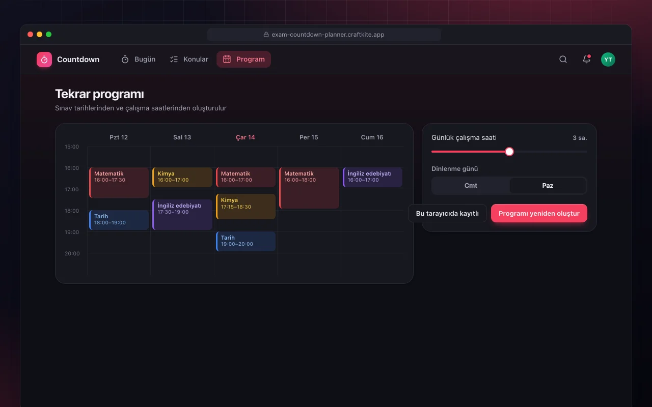 Sınav geri sayımı ve tekrar planı: Tekrar programı ekranı
