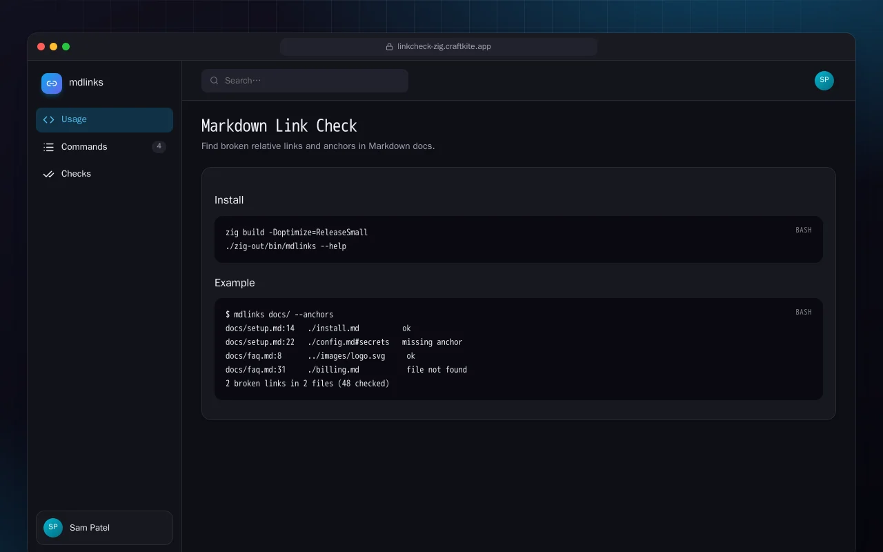 Markdown Link Check (Zig): the Markdown Link Check screen