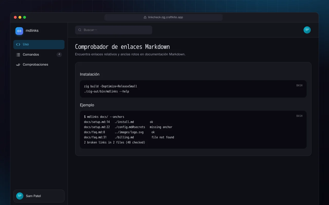 Comprobador de enlaces Markdown (Zig): la pantalla Comprobador de enlaces Markdown