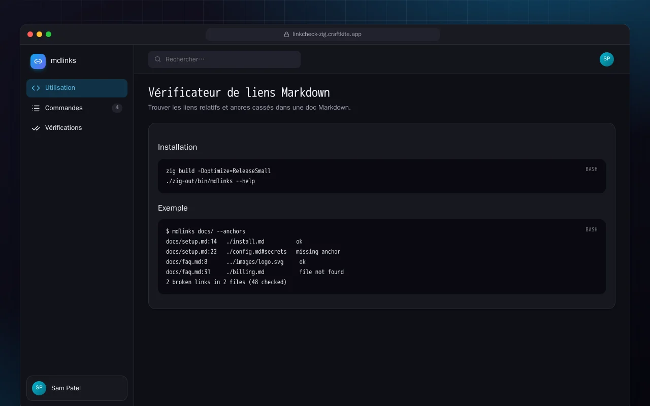 Vérificateur de liens Markdown (Zig) : l’écran Vérificateur de liens Markdown