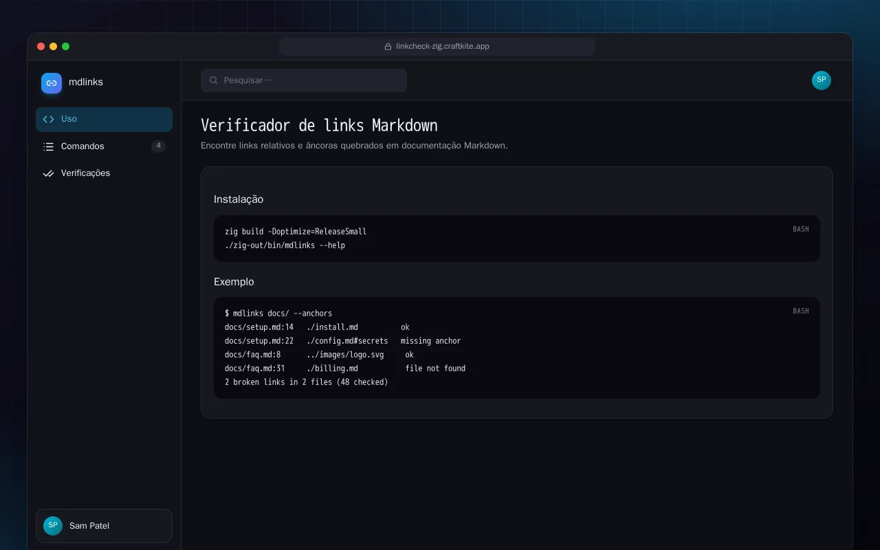 Verificador de links Markdown (Zig): a tela Verificador de links Markdown